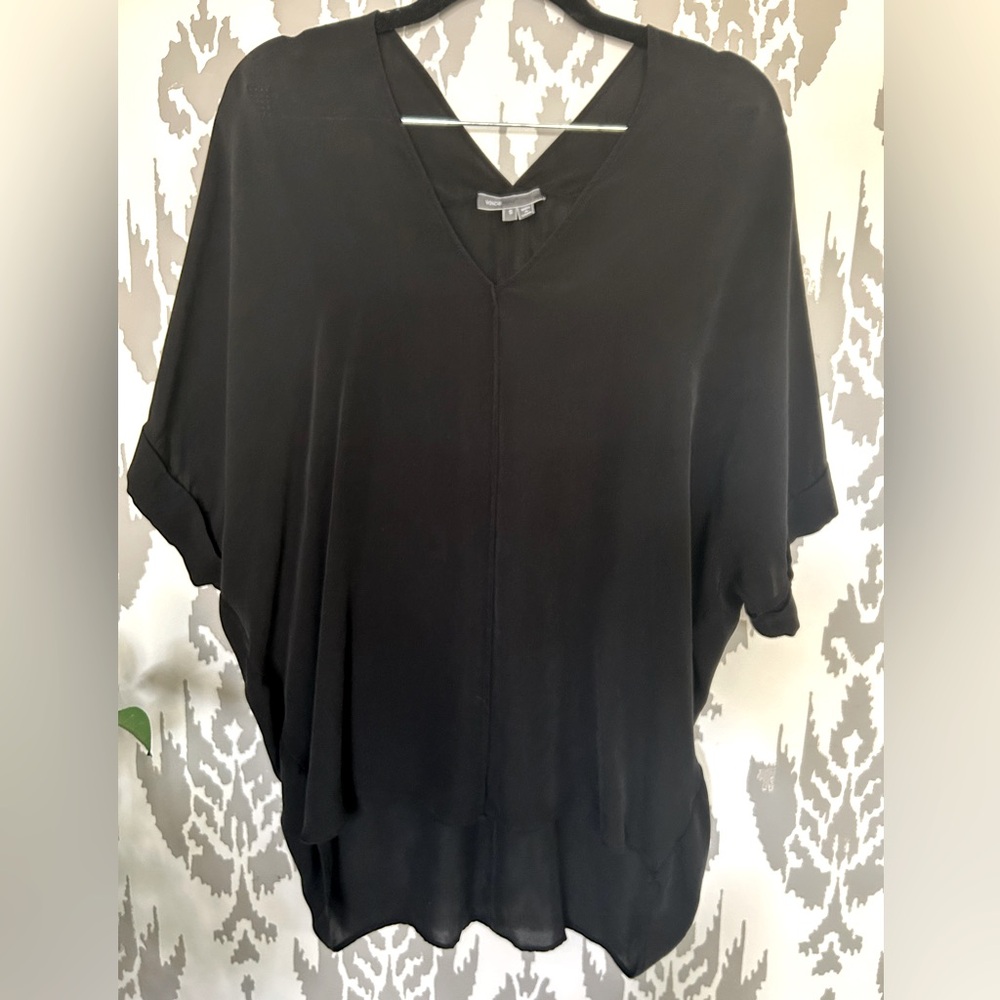 VINCE Black Double V-Neck Popover 100% Silk S